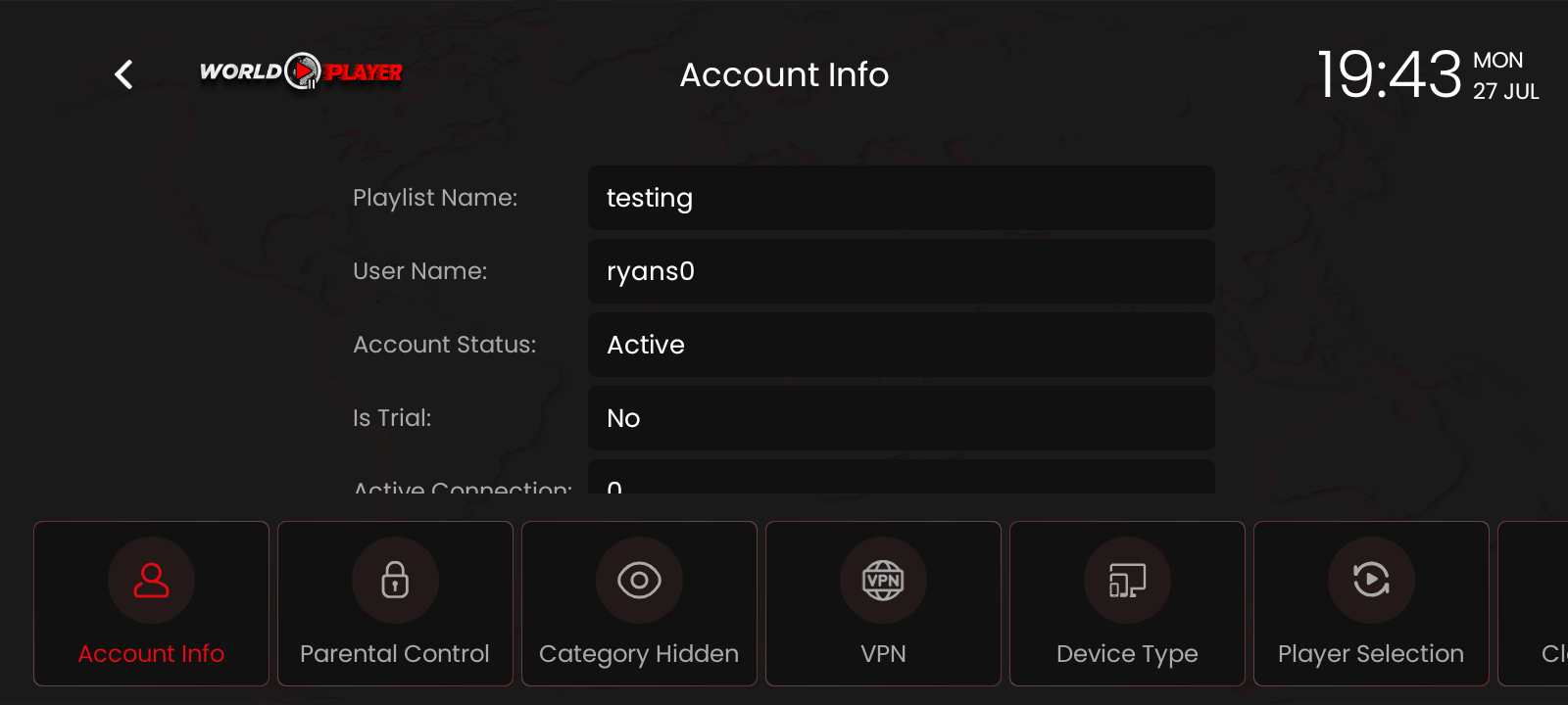 World Player settings screen